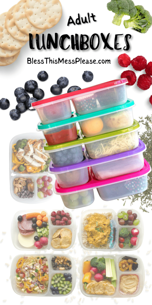 pinterest pin and the text reads "Adult lunchboxes" with three sectioned home tupperware containers with a variety of prepared meals and snacks