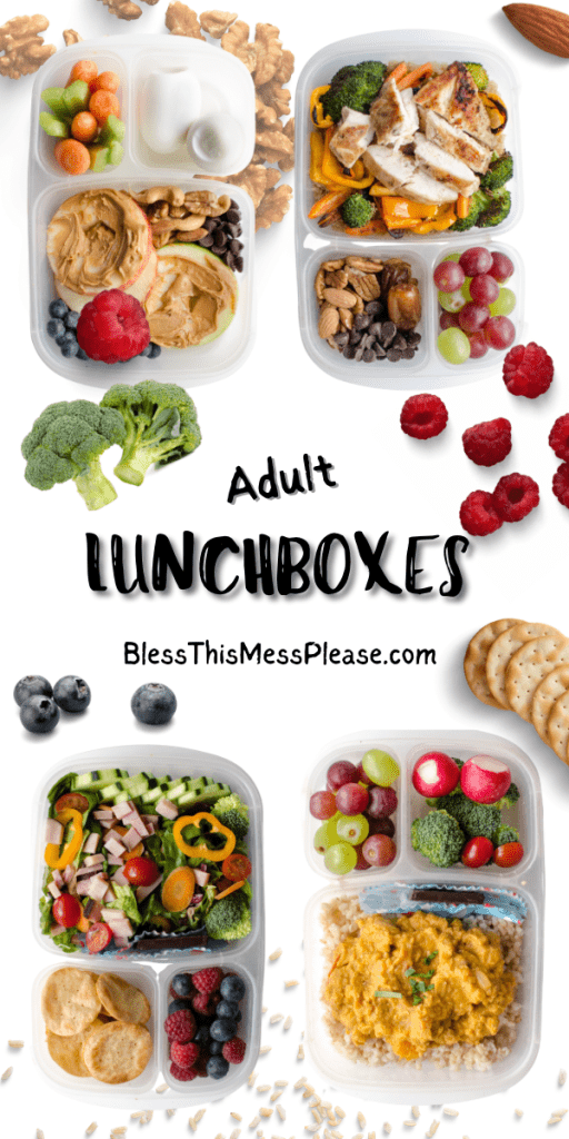 pinterest pin and the text reads "Adult lunchboxes" with three sectioned home tupperware containers with a variety of prepared meals and snacks