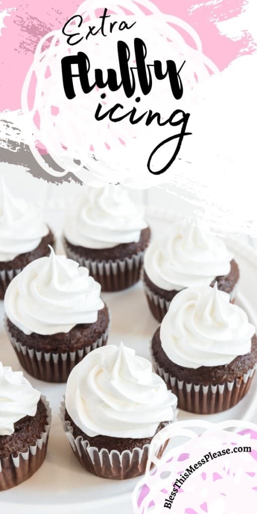pinterest pin with title that reads "extra fluffy icing" - chocolate cupcakes with fluffy white icing