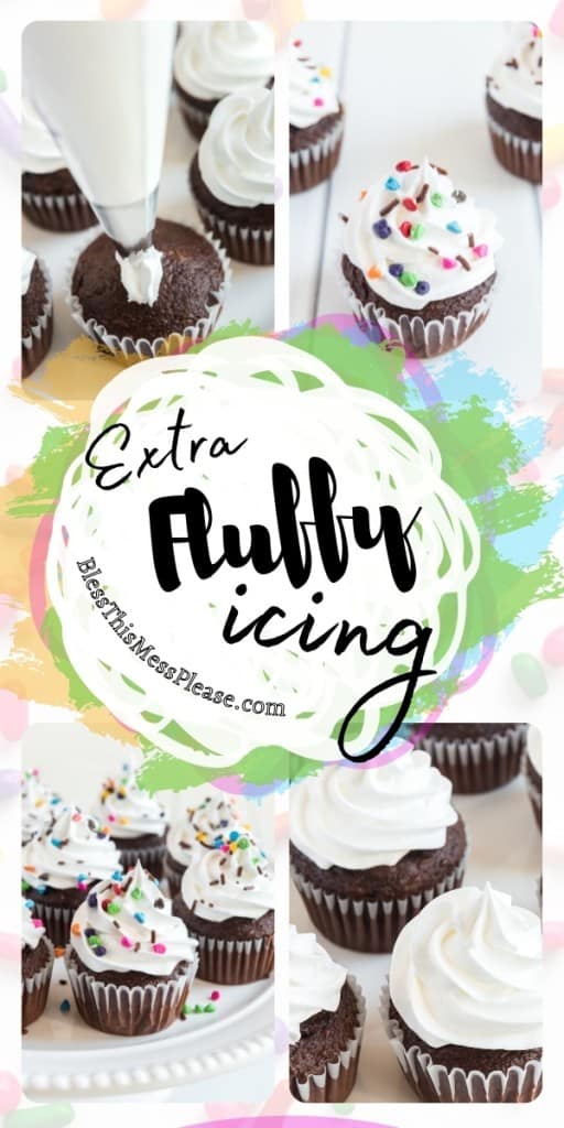 pinterest pin with title that reads "extra fluffy icing" - 4 images of chocolate cupcakes with fluffy white icing