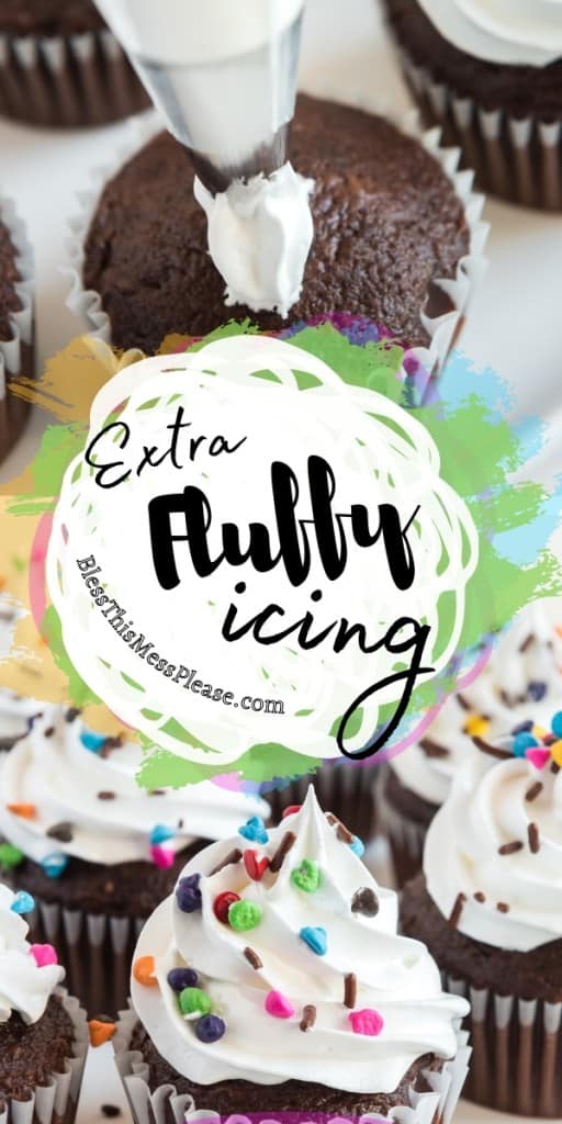 pinterest pin with title that reads "extra fluffy icing" - 2 images of chocolate cupcakes with fluffy white icing