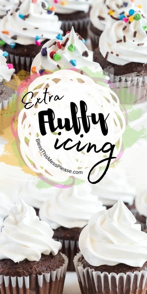 pinterest pin with title that reads "extra fluffy icing" - 2 images of chocolate cupcakes with fluffy white icing