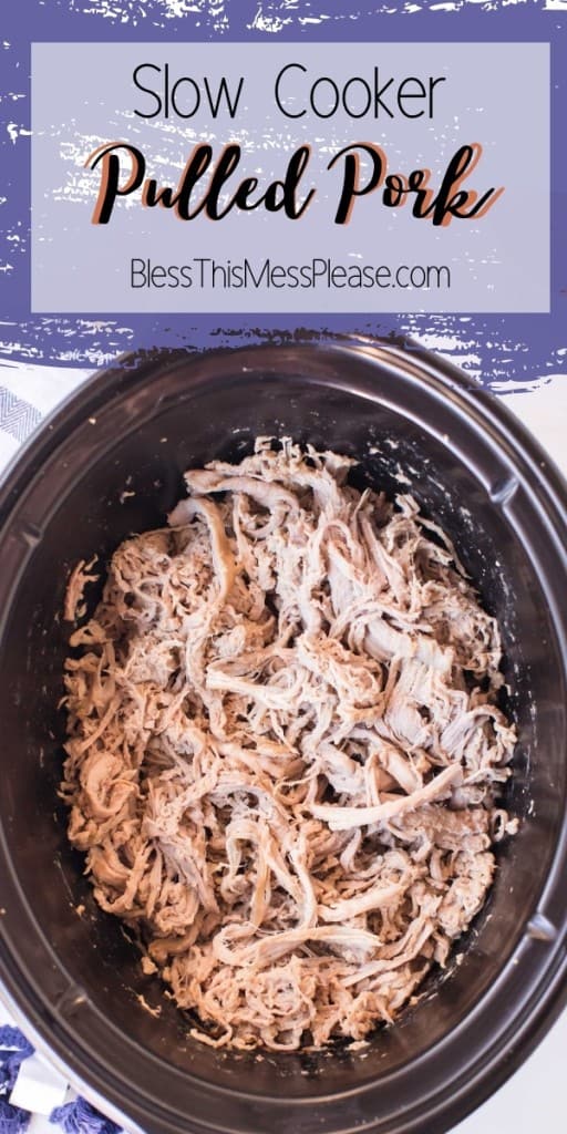 pinterest pin with title that reads "Slow Cooker Pulled Pork" the picture is of cooked pulled pork in a crock pot
