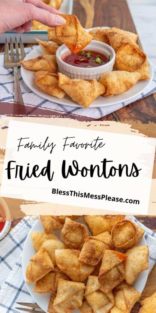 pinterest pin with title that reads "Family Favorite Fried Wontons" the picture is a white plate of crispy fried wontons and a red sauce in a dish in the center