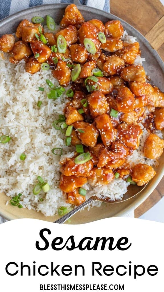 pinterest pin and the text reads "easy sesame chicken recipe" - photo has the sticky glazed chicken pieces over a bed of rice on a plate