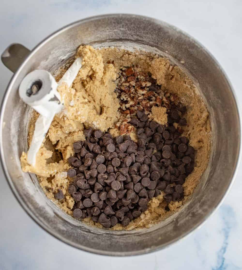 kitchen aid bowl of raw chocolate chip cookie dough
