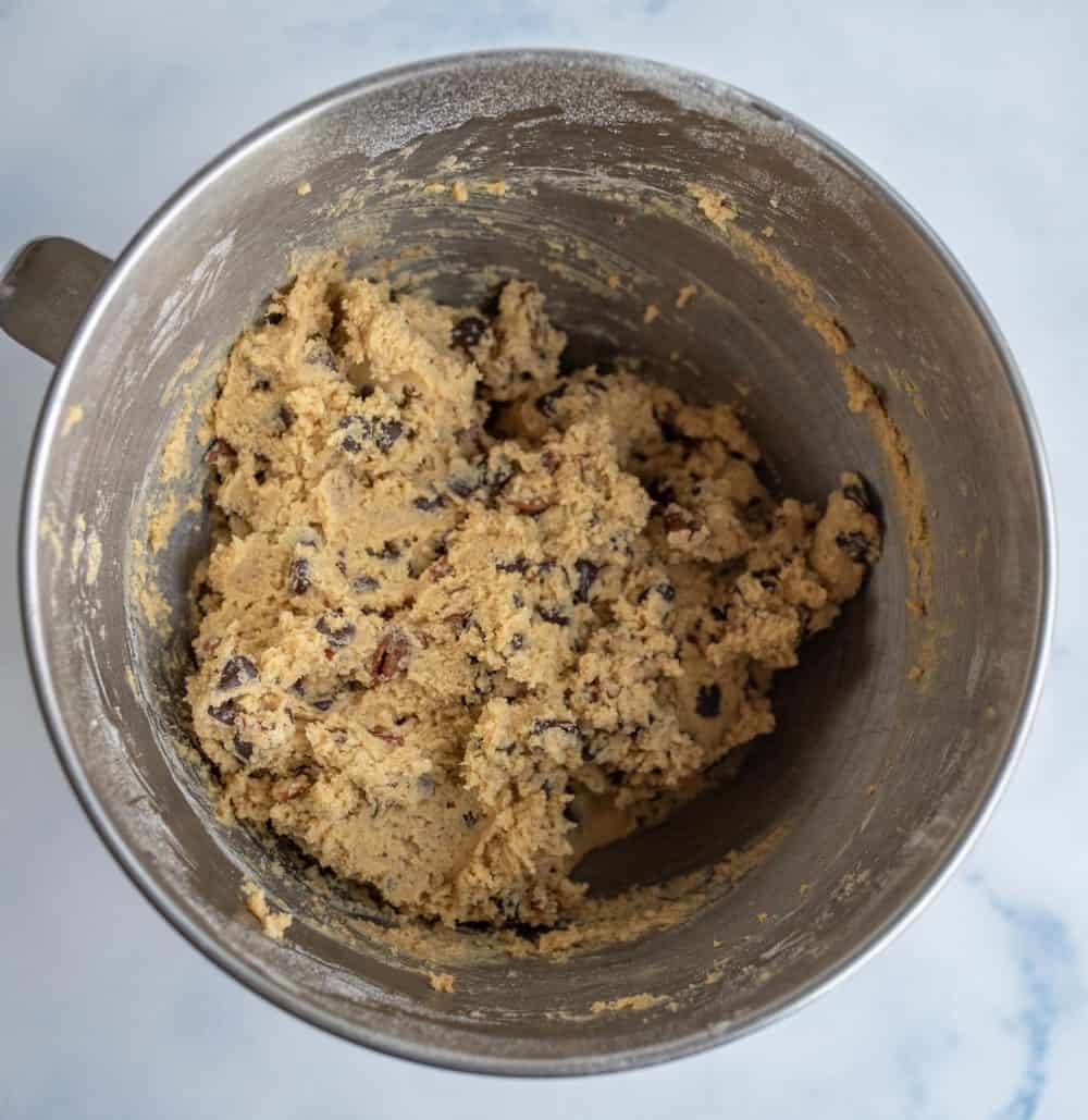 kitchen aid bowl of raw chocolate chip cookie dough