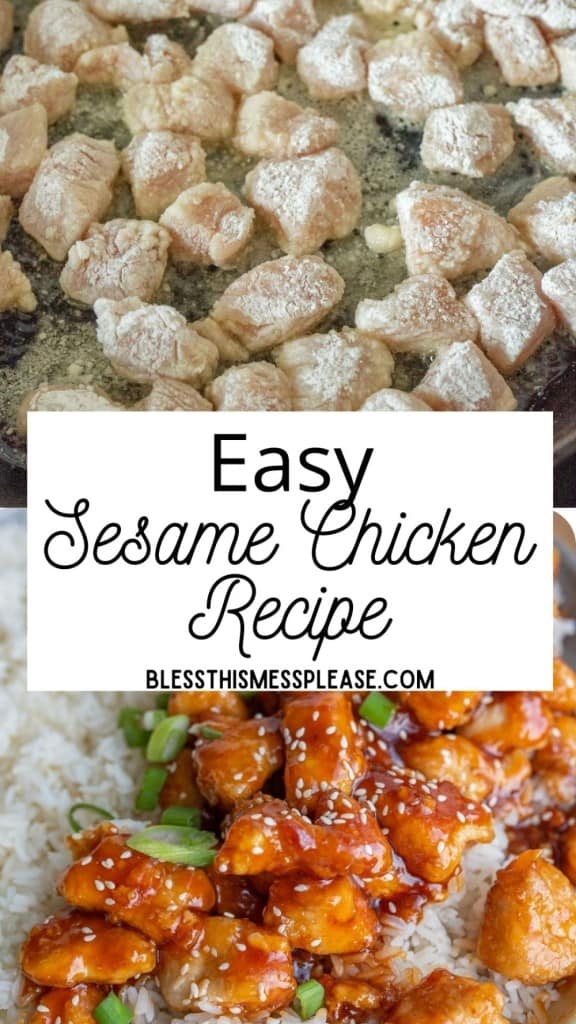 pinterest pin and the text reads "easy sesame chicken recipe" - photo has the sticky glazed chicken pieces over a bed of rice