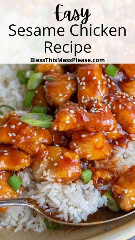pinterest pin and the text reads "easy sesame chicken recipe" - photo has the sticky glazed chicken pieces over a bed of rice