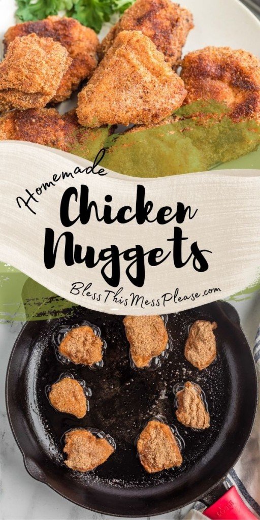 pinterest pin and the text reads "homemade chicken nuggets"