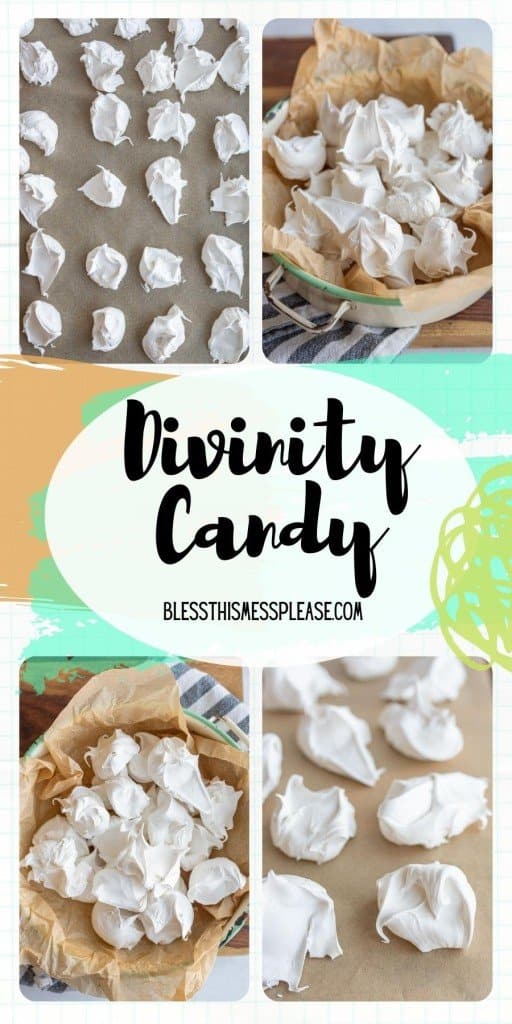 pin - text reads "divinity candy" with a photo of little white clouds of sweet goodies concealed onto parchment