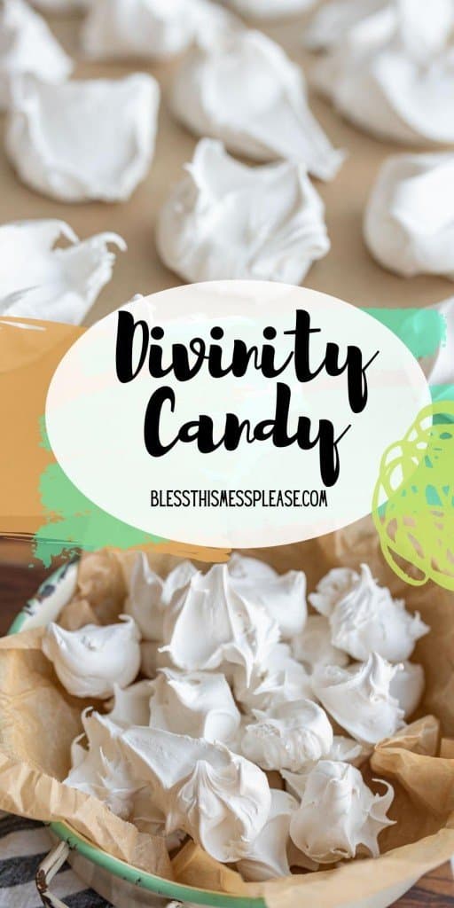 pin - text reads "divinity candy" with a photo of little white clouds of sweet goodies concealed onto parchment