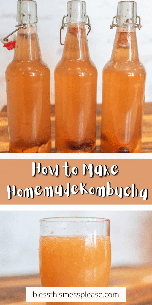 pin - text reads "how to make homemade kombucha" 3 glass pop tops on the top photo and a glass poured out at the bottom