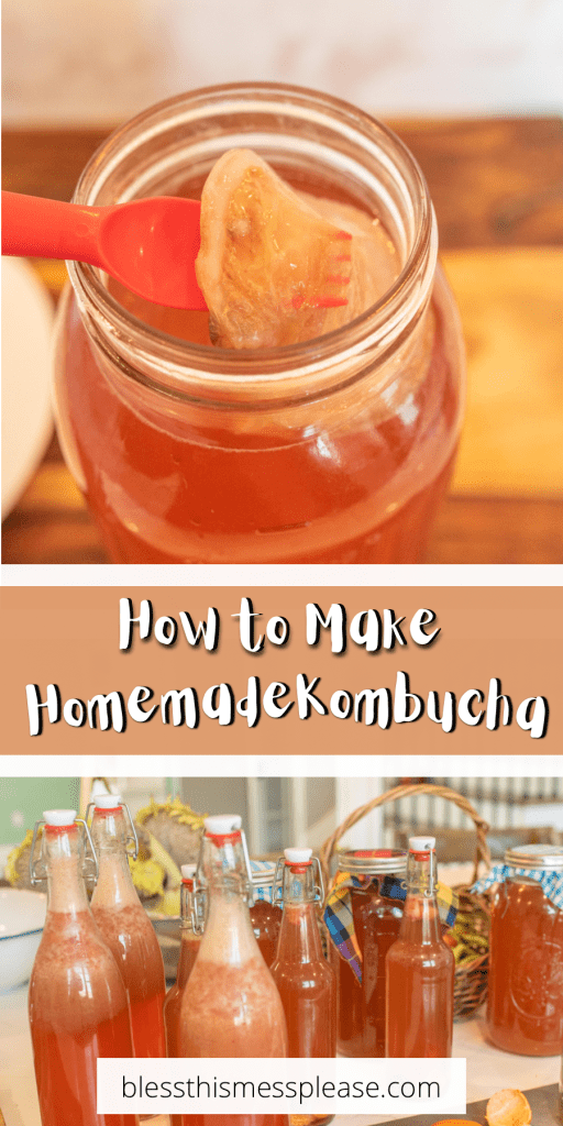 pin - text reads "how to make homemade kombucha" with a mason jar of kombucha with scobie as the top photo and several glass pop tops on the bottom photo