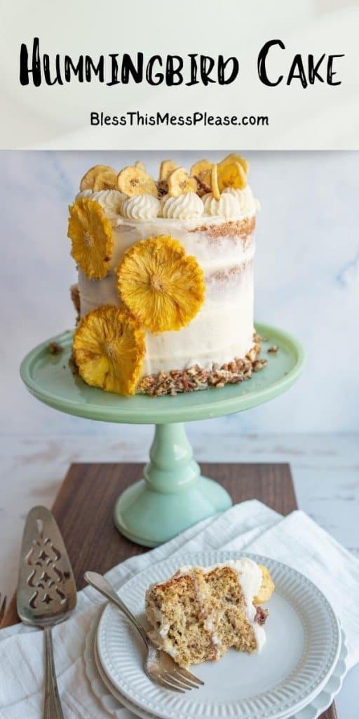 pinterest pin with the text that reads "hummingbird cake" - side view entire rustic frosted hummingbird cake on a teal stand