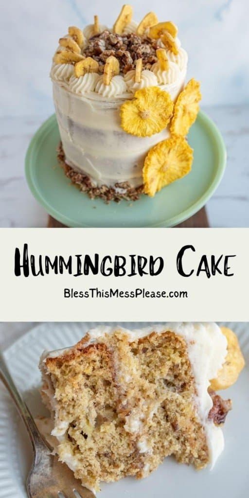 pinterest pin with the text that reads "hummingbird cake" complete hummingbird cake on a teal stand and a slice taken out in front of it