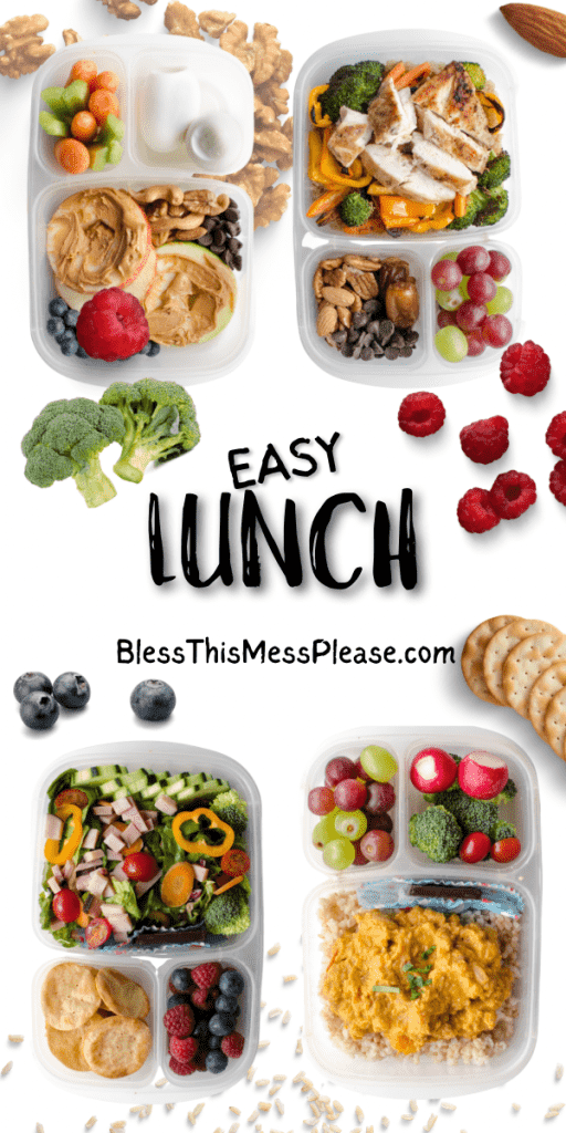 pin with a group of photos of tuperware with lunch items - text reads "easy lunch"