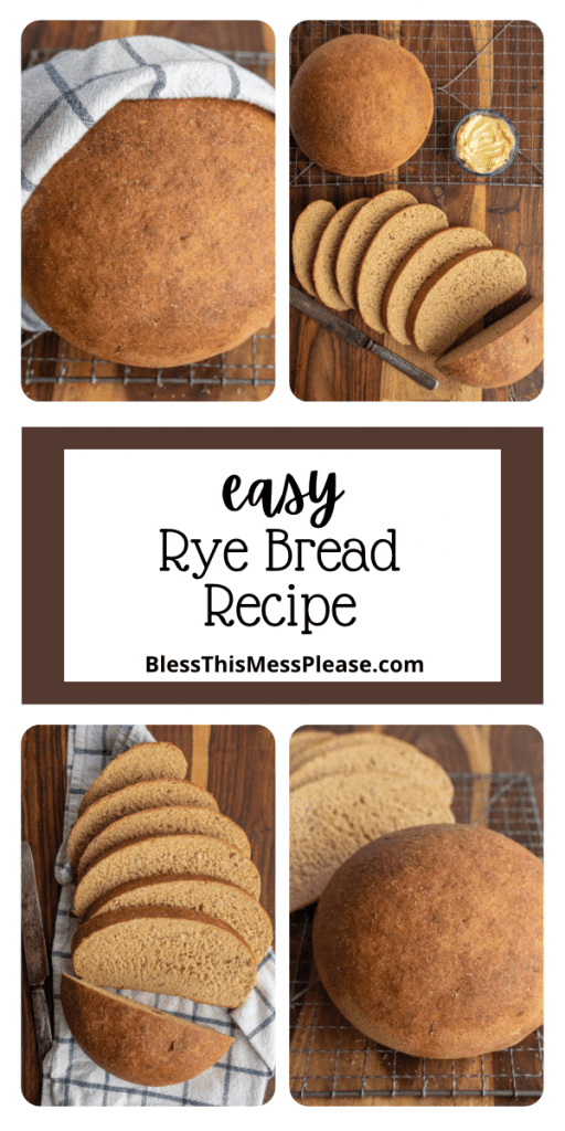 pin text reads "easy rye bread recipe" with a collage of four photos of the beautiful round loaf of rye bread