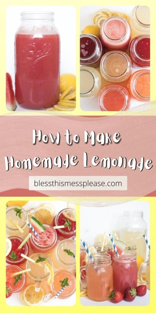 pin - text reads "homemade lemonade" with a collage of 4 photos with mason jars