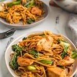 lo mein noodles with cooked boo choy and chicken on a few plates and with the pan