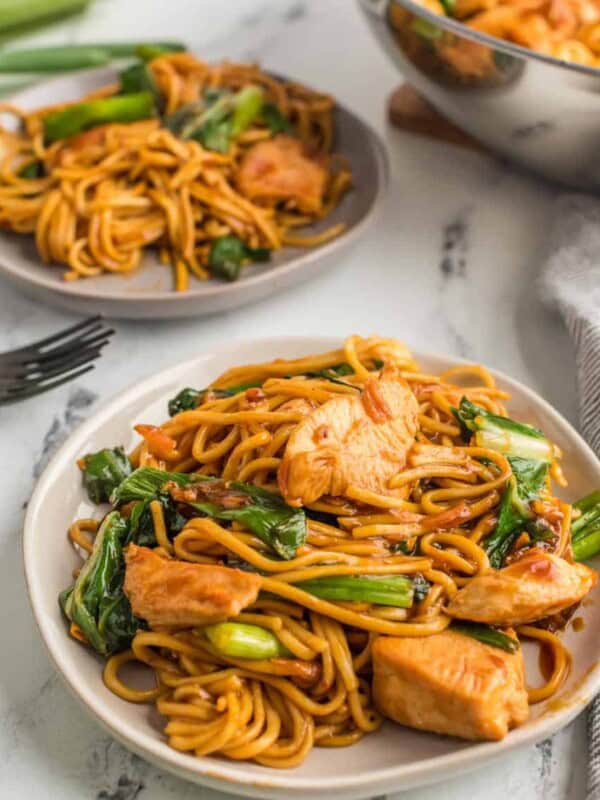 lo mein noodles with cooked boo choy and chicken on a few plates and with the pan