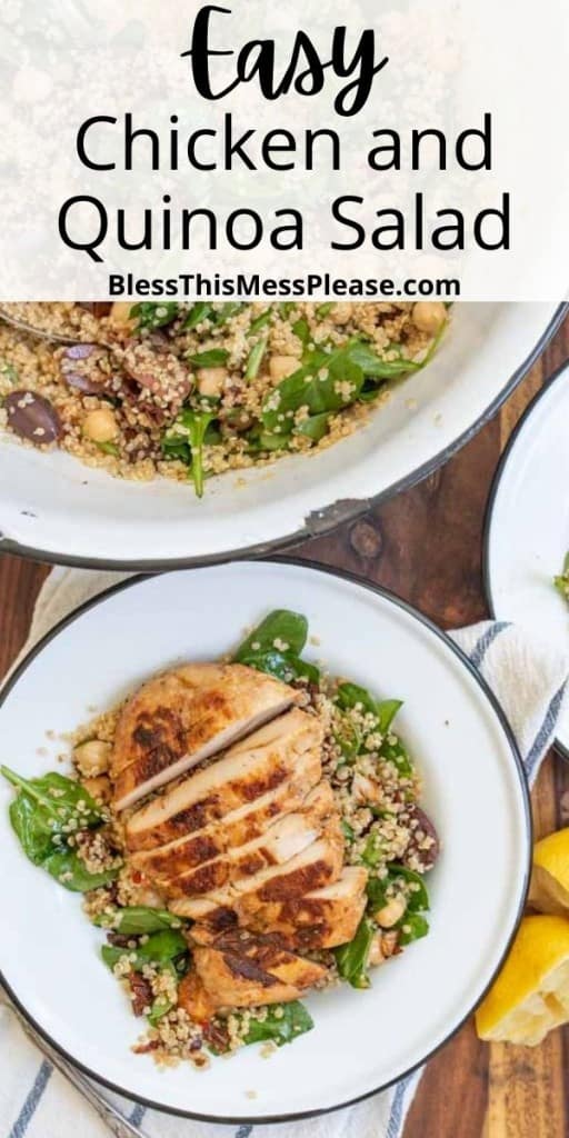 pintrest pin text reads "easy chicken and quinoa salad." - white plate with baby spinach and chicken over quinoa