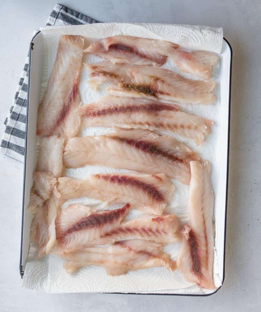 raw fish fillet drying on a baking sheet with a paper towel