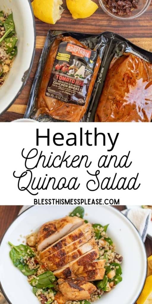 pintrest pin text reads "easy chicken and quinoa salad." - white plate with baby spinach and chicken over quinoa
