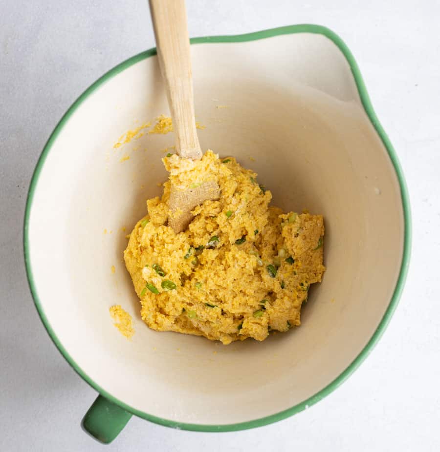 mixing bowl with hush puppy batter