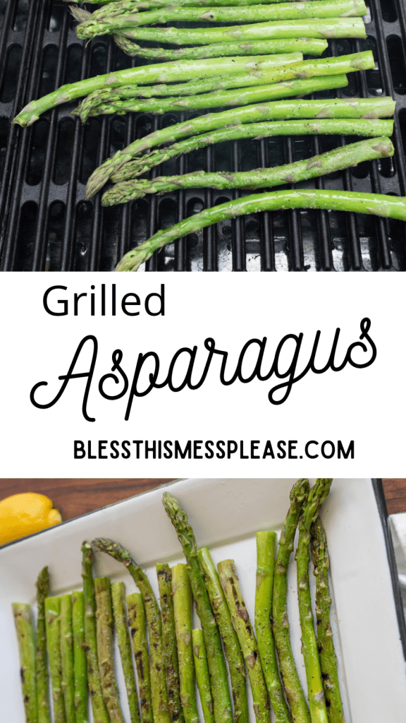 pin that reads "grilled asparagus" with to photos of the process of the asparagus spears being seasoned and then grilled
