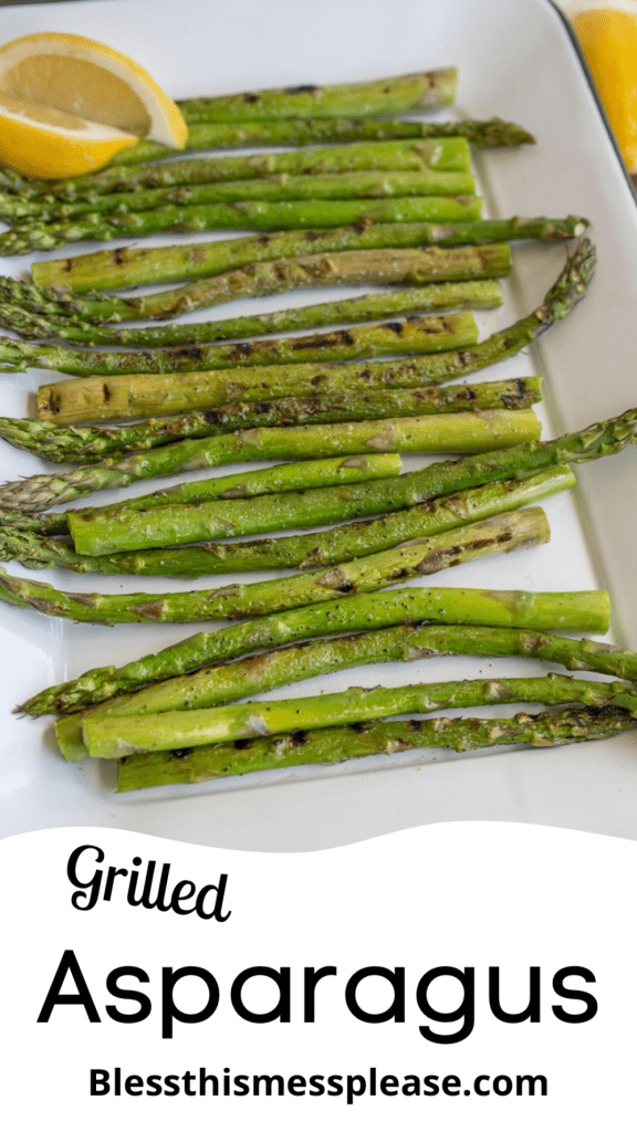 pin that reads "grilled asparagus" with a photo of the asparagus spears being seasoned while on a ceramic tray