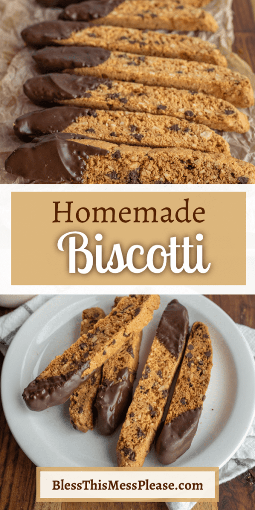 pin text reads "homemade biscotti" with two photos of classic browned and chocolate dipped biscotti