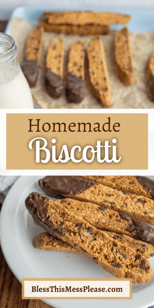 pin text reads "homemade biscotti" with two photos of classic browned and chocolate dipped biscotti