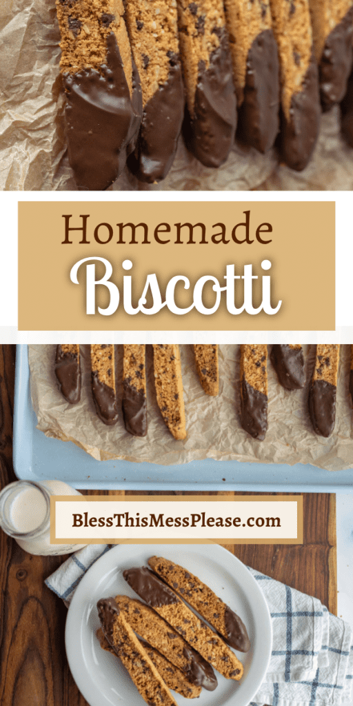 pin text reads "homemade biscotti" with two photos of classic browned and chocolate dipped biscotti
