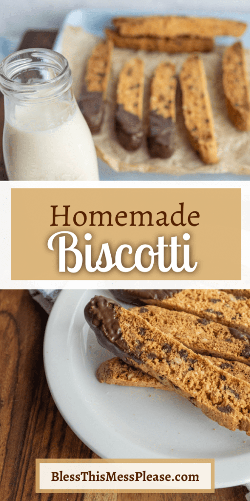 pin text reads "homemade biscotti" with two photos of classic browned and chocolate dipped biscotti