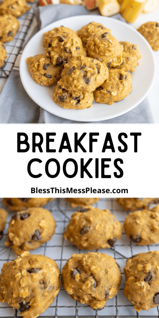 pin that reads "breakfast cookies" with rows of little baked cookie balls on a cooling rack with a glass of milk and one image is a stack of the cookies on a white plate