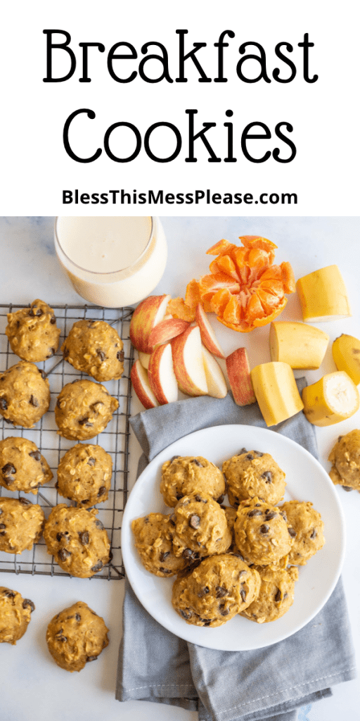pin that reads "breakfast cookies" with a stack of the cookies on a white plate, then rows of little baked cookie balls on a cooling rack with a glass of milk and fresh fruit all around