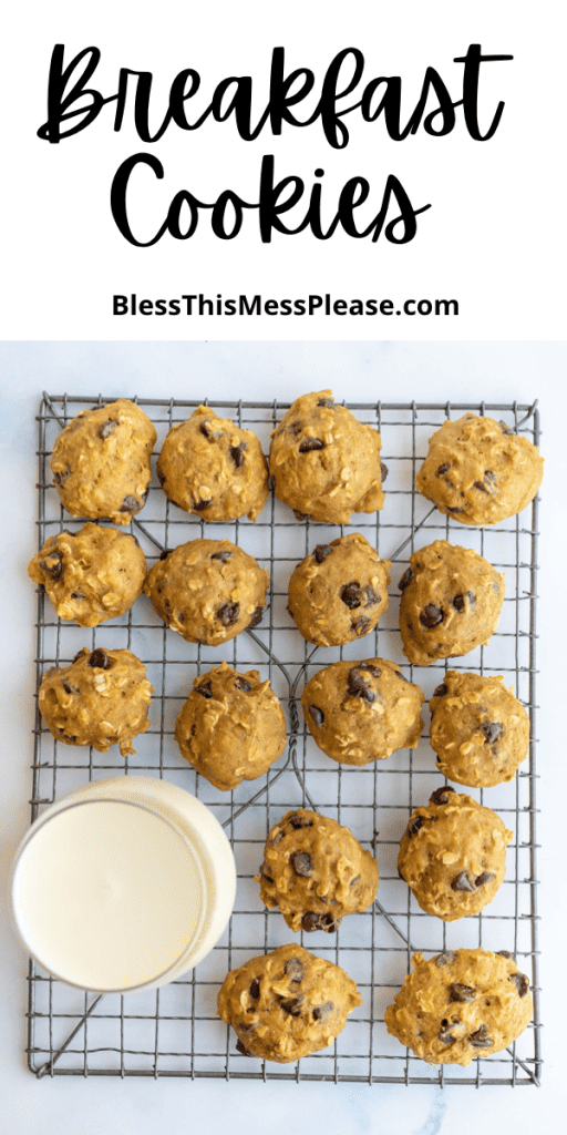 pin that reads "breakfast cookies" with rows of little baked cookie balls on a cooling rack with a glass of milk