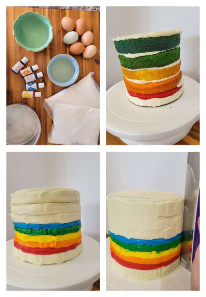 collage of how to make a rainbow cake from box mix