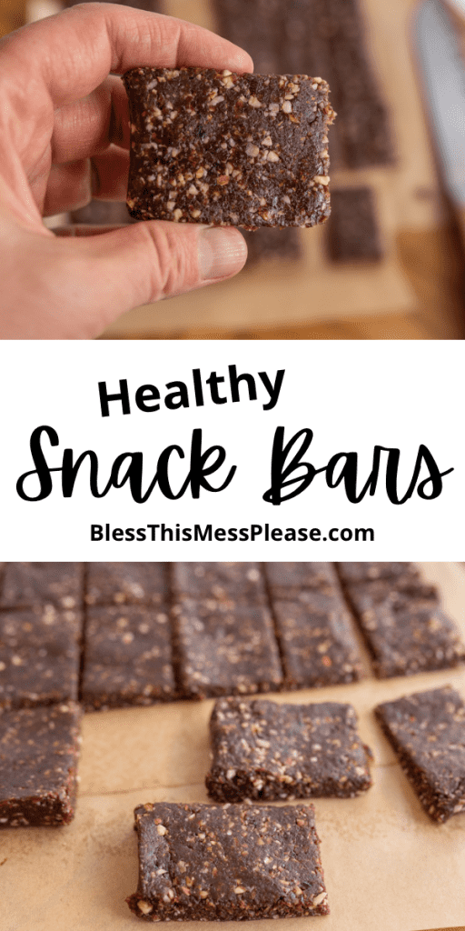 pin reads "healthy snack bars" and squares cut into the finished product of chunky nut coco bars and one POV of a hand holding to examine it