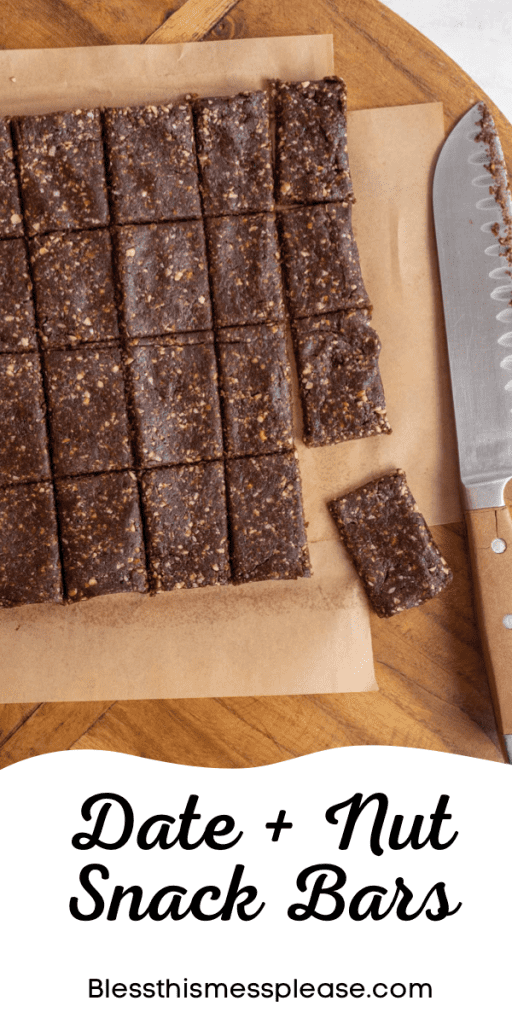 pin that reads "date + nut snack bars" with an image of he finished product in a coco colored square that is peppered with chunks of nuts and coconut that a chef knife has sectioned into tiny squares