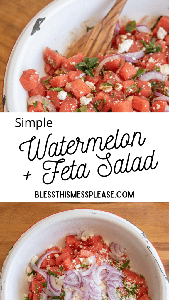 pin and the text reads "watermelon & feta salad" with a close up and a top view of a bowl with wooden spoons of chunks of watermelon and feta, mint and purple onion