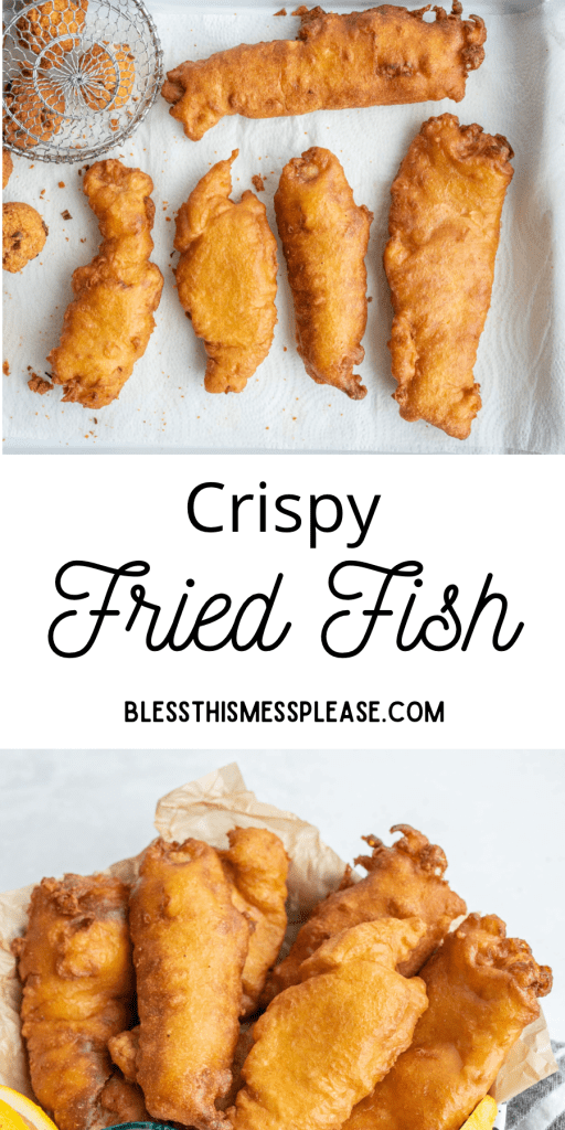 pin that reads "crispy fried fish" and two images, one is an image of freshly cooked fish on parchment and the other beautifully beer battered fish filets with tartar in a bowl