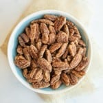 candied pecans in a bowl view from the top