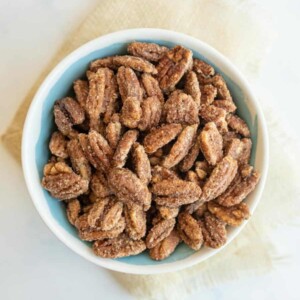 candied pecans in a bowl view from the top