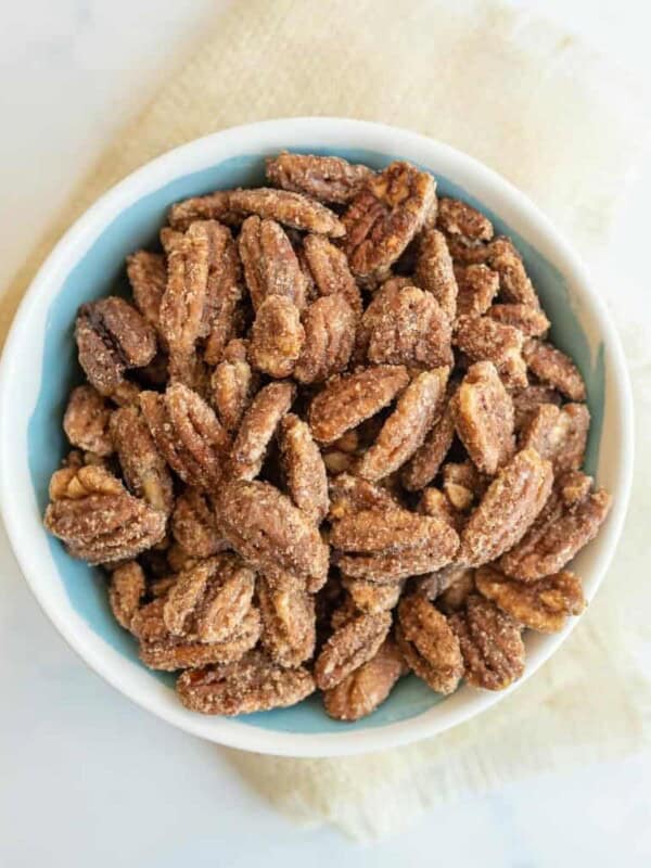 candied pecans in a bowl view from the top