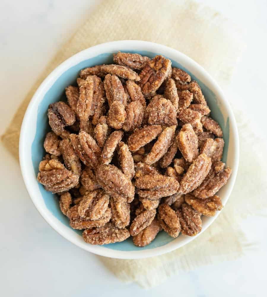 candied pecans in a bowl view from the top