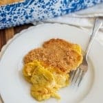 white plate next to a photo of a blue spotted baking dish with a piece of crumbly topped yellow casserole