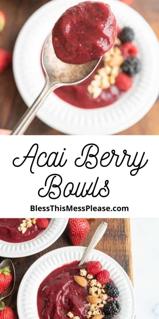 pin reads "acai berry bowls" with two photos of purple maroon berry smoothie in white bowls with fresh berries and granola and nuts