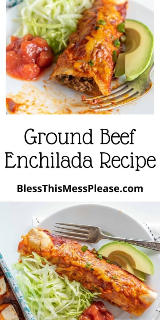 pin with a text that reads "ground beef enchiladas" with a plate of an individual enchilada and cheese close up